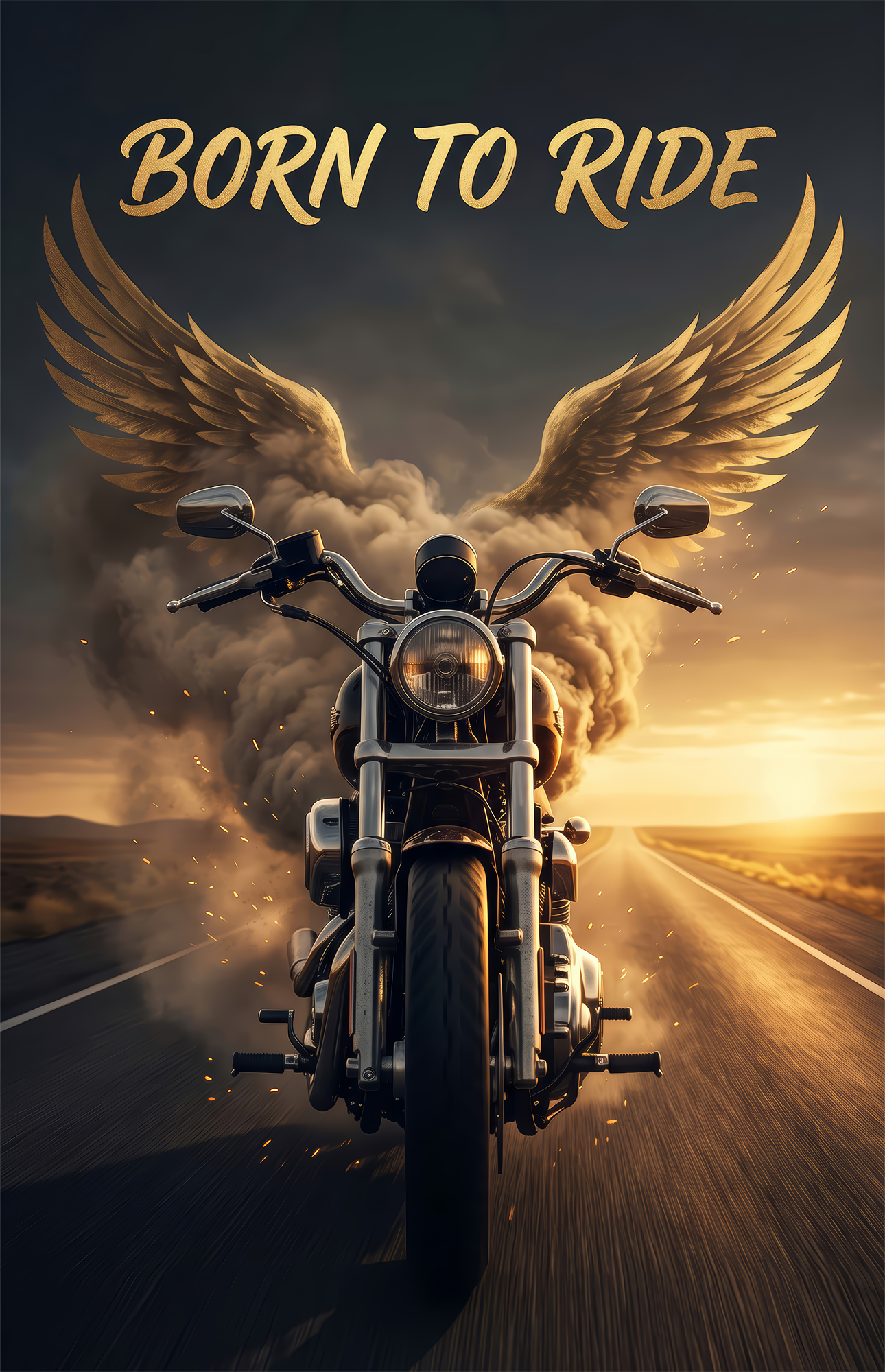 Born to Ride Winged Motorcycle Sunset Glass Wall Art