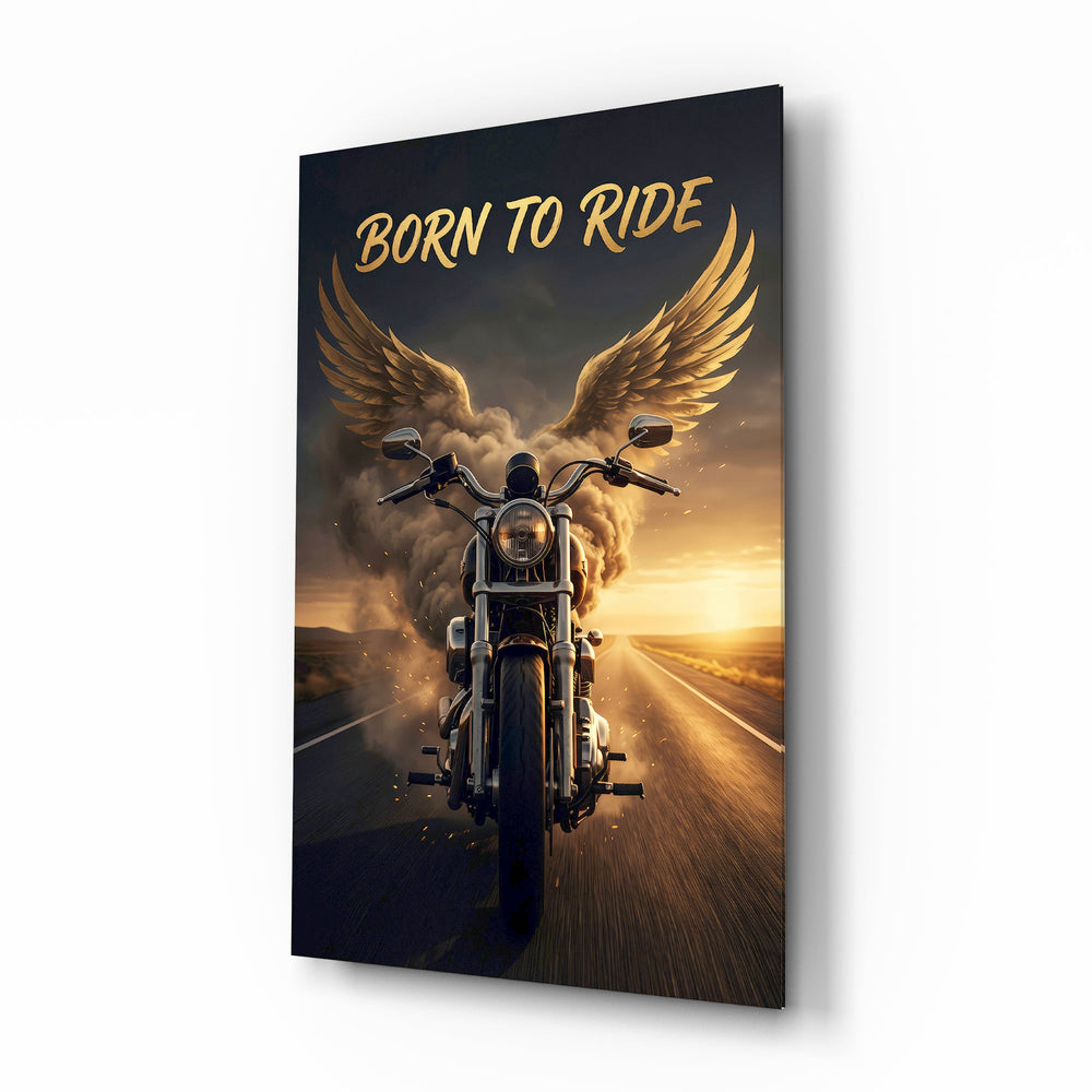 Born to Ride Winged Motorcycle Sunset Glass Wall Art - Lifestyle preview in a designer interior
