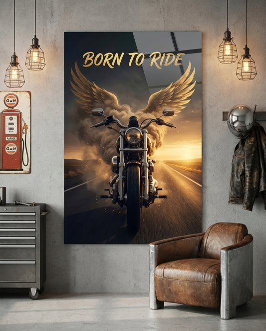 Born to Ride Winged Motorcycle Sunset Glass Wall Art