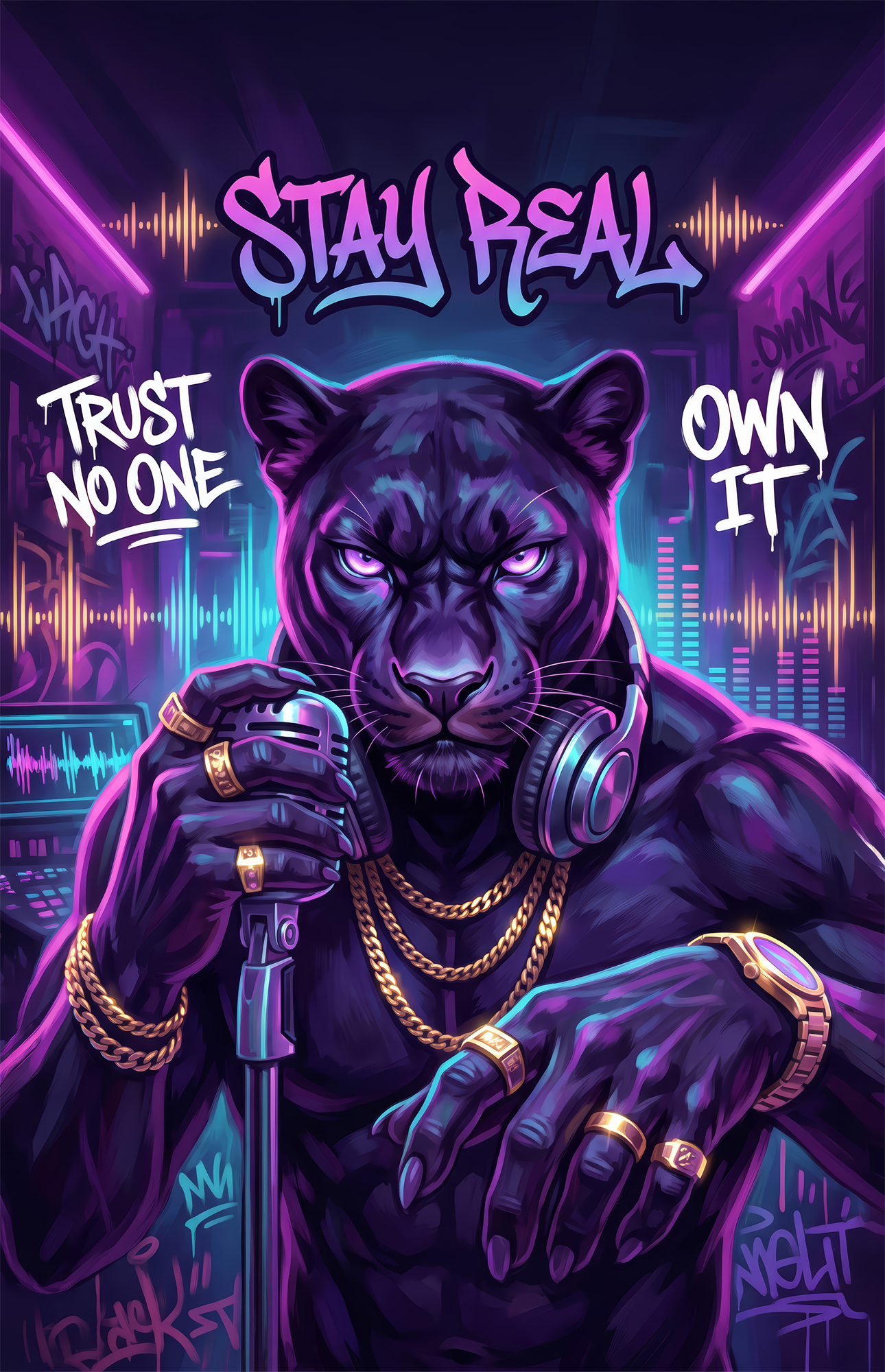 Stay Real Neon Panther Rapper Glass Wall Art