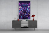 stay real neon panther rapper glass wall art displayed above a console in a designer interior