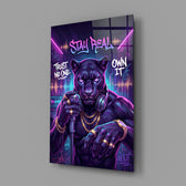 stay real neon panther rapper glass wall art angled to show the polished tempered glass panel