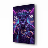 Stay Real Neon Panther Rapper Glass Wall Art - Lifestyle preview in a designer interior
