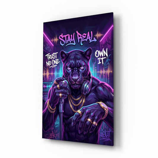Stay Real Neon Panther Rapper Glass Wall Art - Lifestyle preview in a designer interior