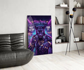 stay real neon panther rapper glass wall art leaning beside a dark leather sofa