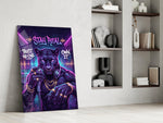 stay real neon panther rapper panel resting in a shelving niche in a modern interior