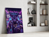 stay real neon panther rapper panel resting in a shelving niche in a modern interior