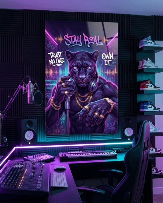 Stay Real Neon Panther Rapper Glass Wall Art
