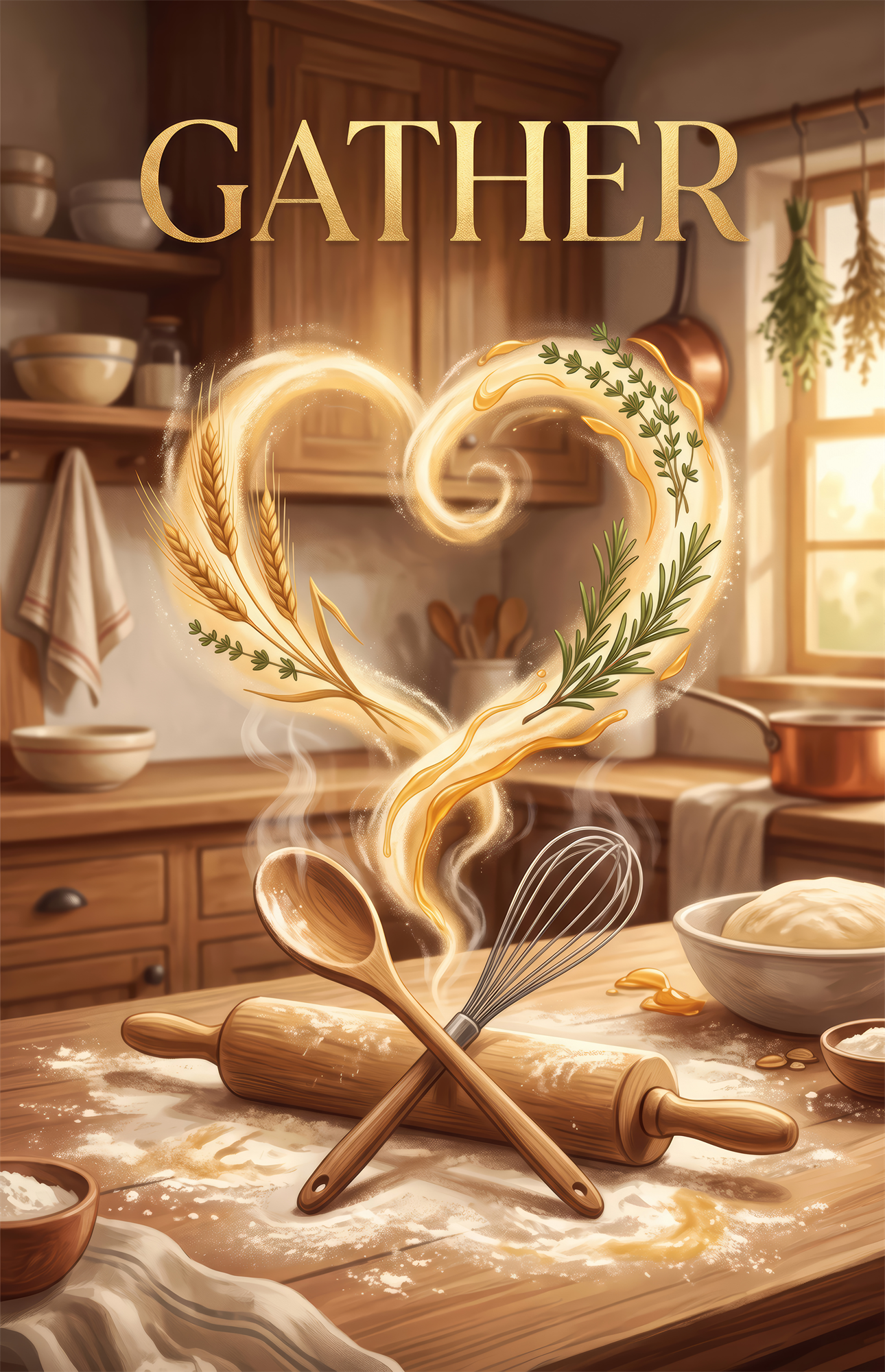 Gather Golden Flour Heart Kitchen Glass Wall Art
