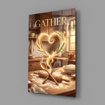 gather golden flour heart kitchen glass wall art angled to show the polished tempered glass panel
