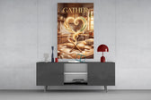 gather golden flour heart kitchen glass wall art displayed above a console in a designer interior