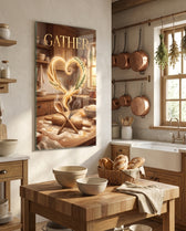 Gather Golden Flour Heart Kitchen Glass Wall Art