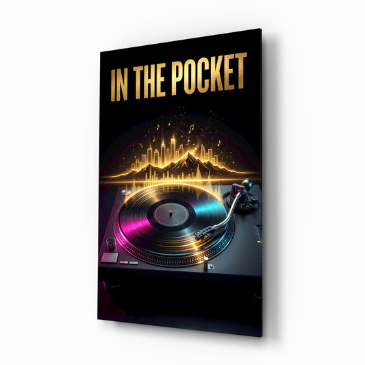 In the Pocket Golden Turntable Skyline Glass Wall Art - Lifestyle preview in a designer interior