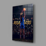 relentless basketball crown shot glass wall art angled to show the polished tempered glass panel