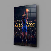 relentless basketball crown shot glass wall art angled to show the polished tempered glass panel