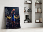 relentless basketball crown shot panel resting in a shelving niche in a modern interior