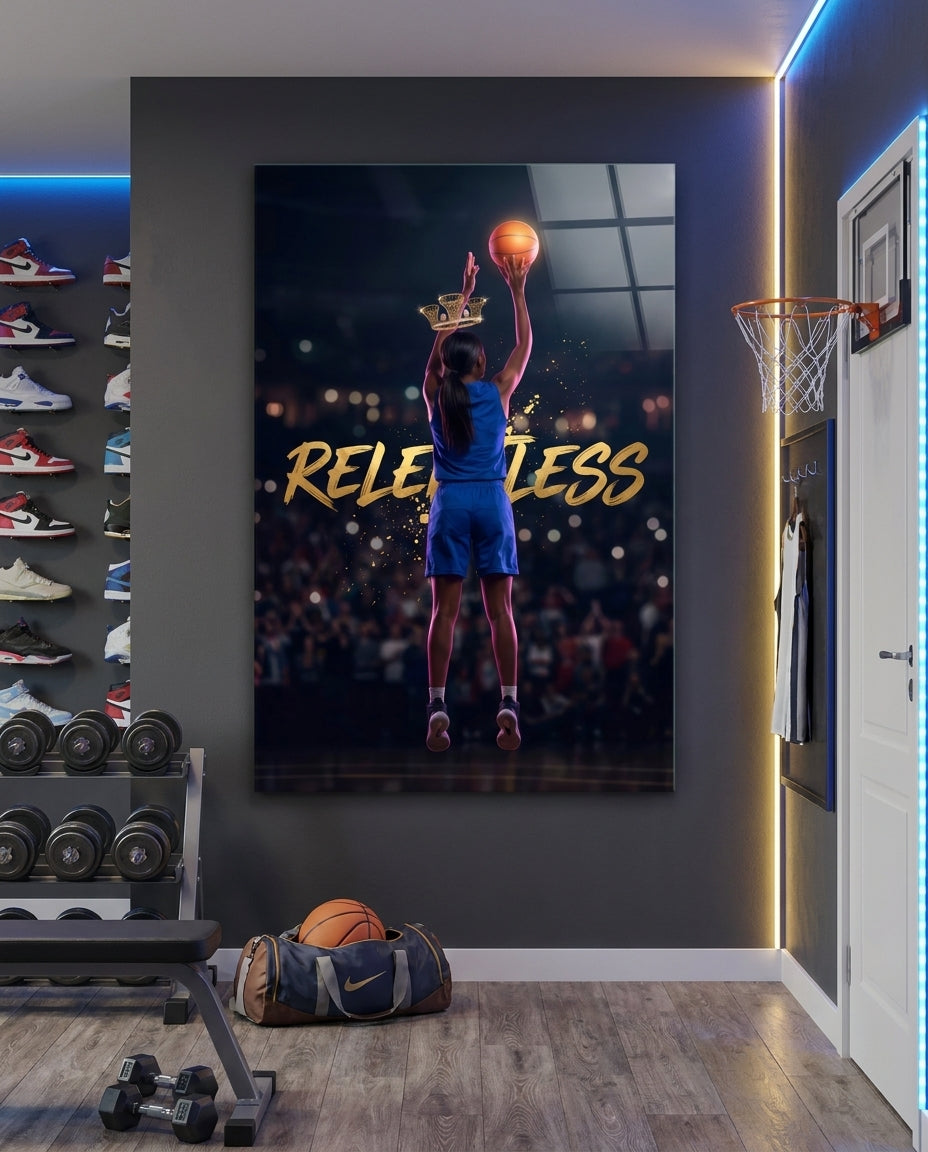 Relentless Basketball Crown Hoop Glass Wall Art
