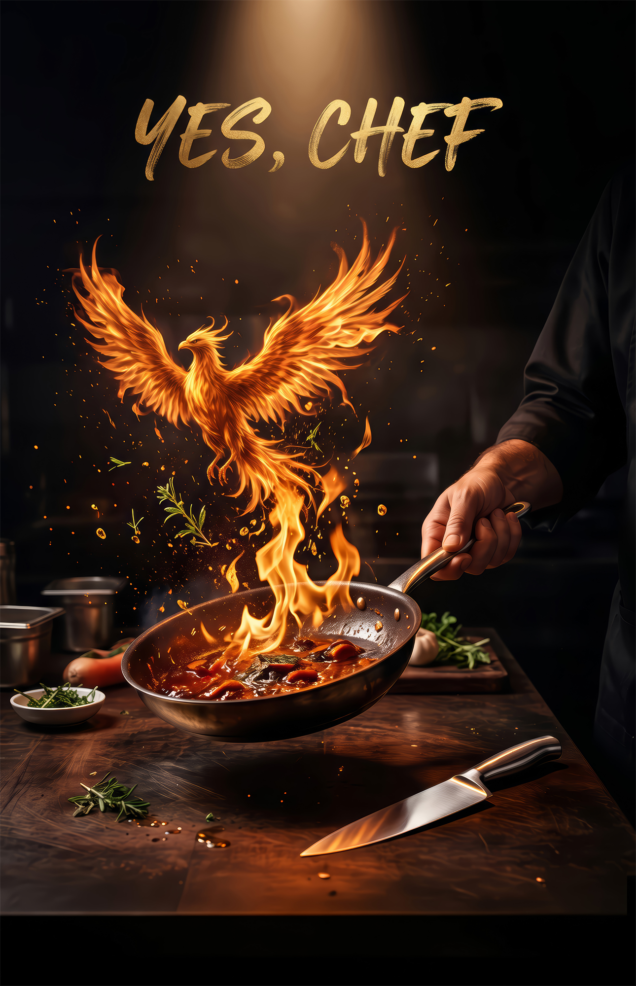 Yes Chef Fire Phoenix Flaming Pan Glass Wall Art