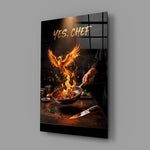 yes chef fire phoenix flaming pan glass wall art angled to show the polished tempered glass panel