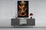 yes chef fire phoenix flaming pan glass wall art displayed above a console in a designer interior