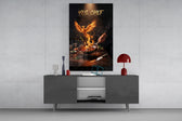 yes chef fire phoenix flaming pan glass wall art displayed above a console in a designer interior
