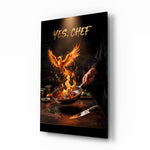 Yes Chef Fire Phoenix Flaming Pan Glass Wall Art - Lifestyle preview in a designer interior