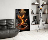 yes chef fire phoenix flaming pan glass wall art leaning beside a dark leather sofa
