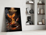 yes chef fire phoenix flaming pan panel resting in a shelving niche in a modern interior