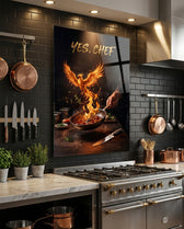 Yes Chef Fire Phoenix Flaming Pan Glass Wall Art