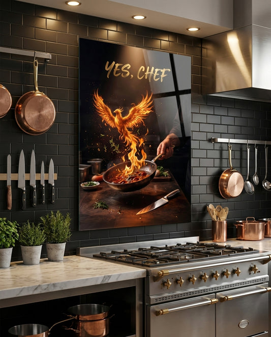 Yes Chef Fire Phoenix Flaming Pan Glass Wall Art
