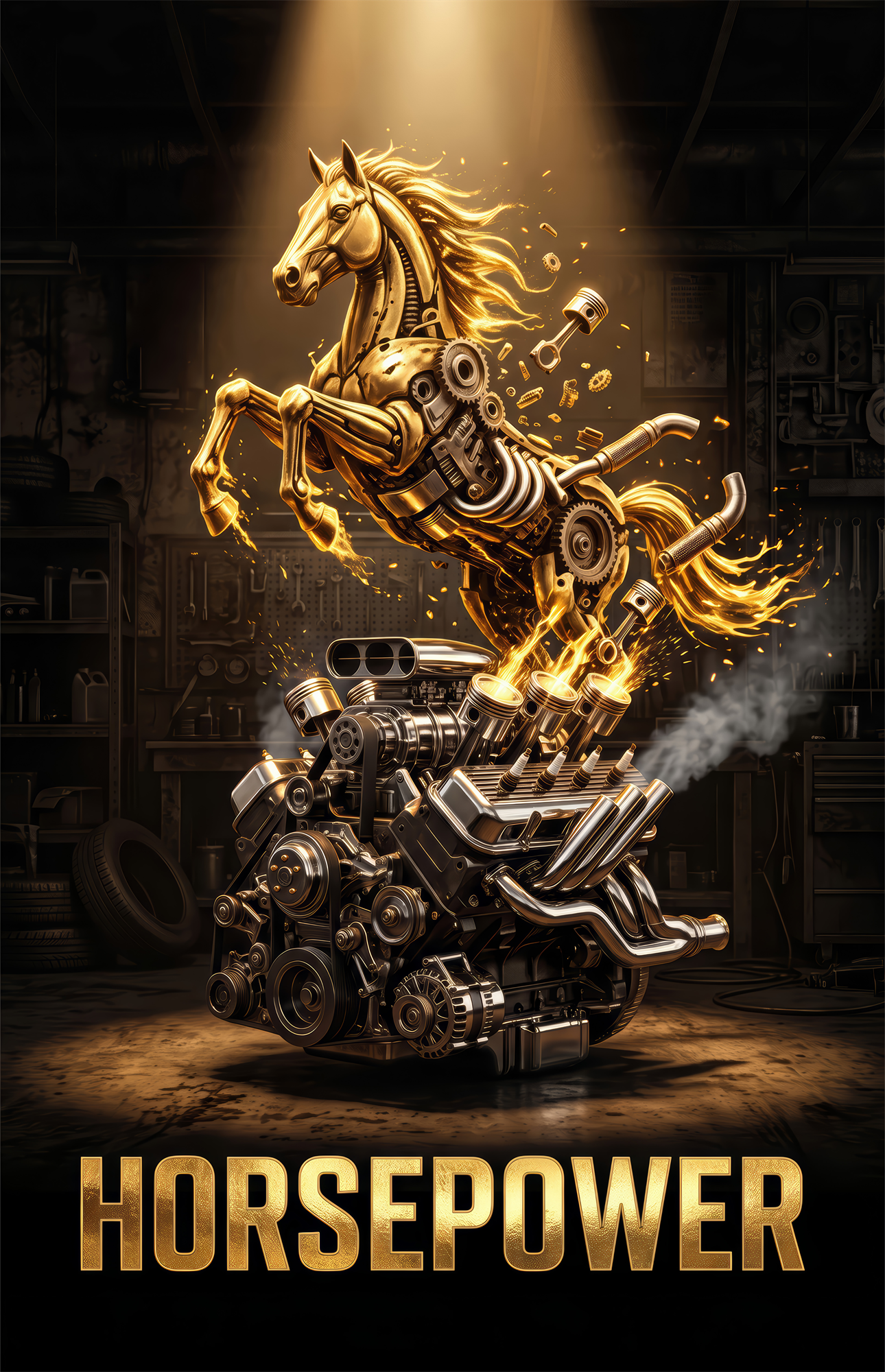 Horsepower Golden Engine Horse Glass Wall Art
