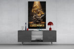 horsepower golden engine horse glass wall art displayed above a console in a designer interior