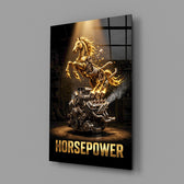 horsepower golden engine horse glass wall art angled to show the polished tempered glass panel