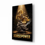 Horsepower Golden Engine Horse Glass Wall Art - Lifestyle preview in a designer interior