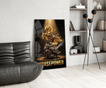horsepower golden engine horse glass wall art leaning beside a dark leather sofa