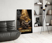 horsepower golden engine horse glass wall art leaning beside a dark leather sofa