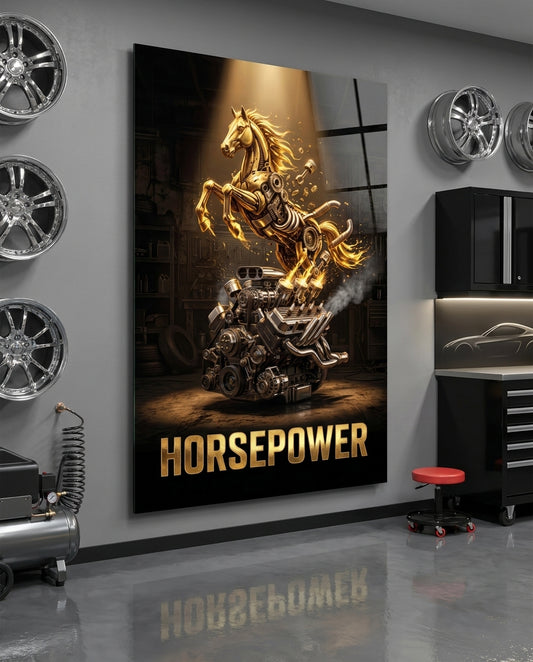 Horsepower Golden Engine Horse Glass Wall Art