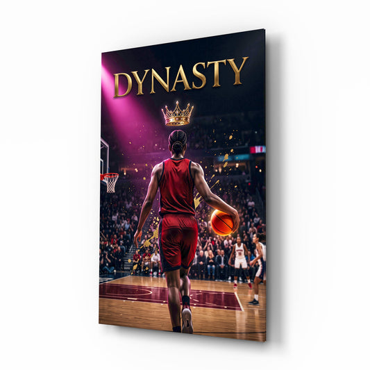 Dynasty Gold Crown Basketball King Glass Wall Art - Lifestyle preview in a designer interior