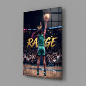 range crowned woman basketball baller glass wall art angled to show the polished tempered glass panel