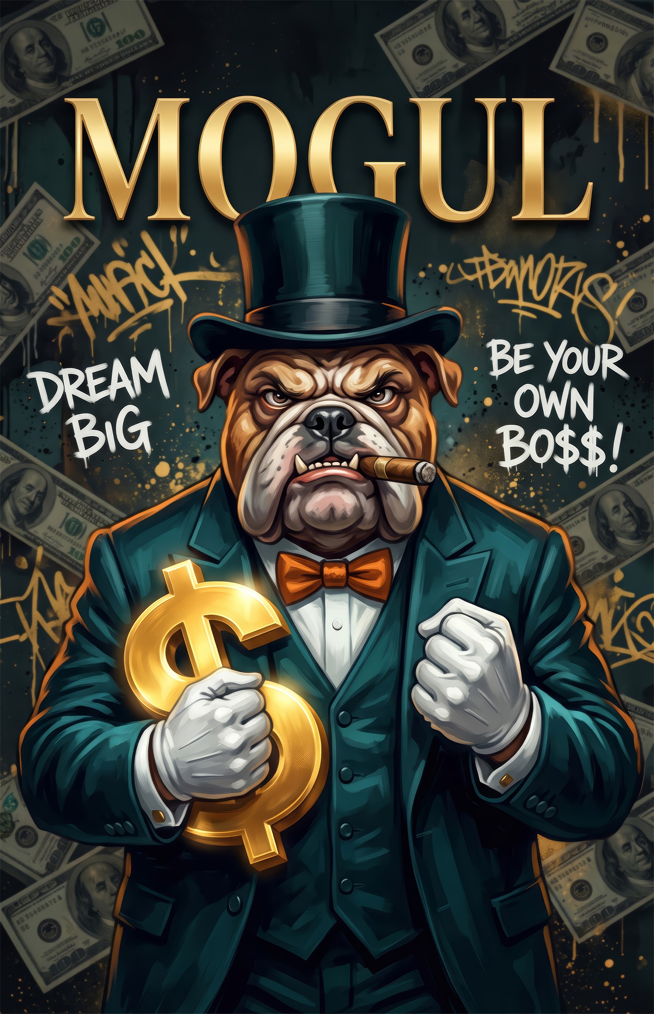 Mogul Tuxedo Bulldog Tycoon Glass Wall Art