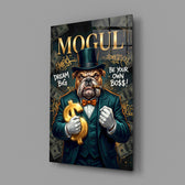 mogul tuxedo bulldog tycoon glass wall art angled to show the polished tempered glass panel