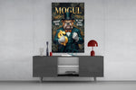mogul tuxedo bulldog tycoon glass wall art displayed above a console in a designer interior