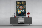 mogul tuxedo bulldog tycoon glass wall art displayed above a console in a designer interior