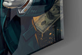 Close-up detail of the glowing gold dollar sign and the cigar clenched in its jaw on the glass surface