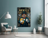 mogul tuxedo bulldog tycoon glass wall art styled above an armchair in a reading corner