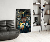 mogul tuxedo bulldog tycoon glass wall art leaning beside a dark leather sofa