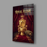 royal flush golden throne toilet glass wall art angled to show the polished tempered glass panel