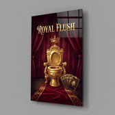 royal flush golden throne toilet glass wall art angled to show the polished tempered glass panel