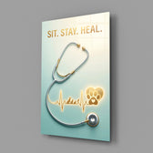 sit stay heal veterinary stethoscope glass wall art angled to show the polished tempered glass panel