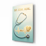 Sit Stay Heal Veterinary Stethoscope Glass Wall Art - Lifestyle preview in a designer interior